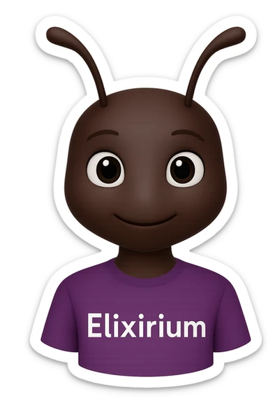Edit the image of the ant in the original 3D Apple emoji style, adding the text 'Elixirium' on the ant's shirt, keeping the original 3D Apple emoji style intact and making no other changes. sticker