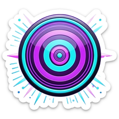 Futuristic glowing bullseye target emoji, neon purple and cyan holographic glow, dark background, digital tech style, abstract sparkles, no face. sticker