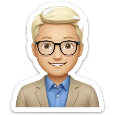 35-year-old Asian man, consultant, big glasses, short blond hair slicked back, smiling eyes sticker