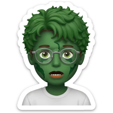 crie a imagem de um garoto com estilo memoji de iOS de pele esverdeada com machucados abertos na boca , cabelos cacheados castanhos e oculos. sticker