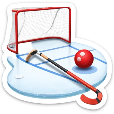 A red ball and hockey stick resting on an ice rink, with the goalposts and clear markings in the background. The scene captures the unique nature of field hockey with a ball on ice, emphasizing the speed and precision of the sport in a cold, competitive atmosphere. sticker