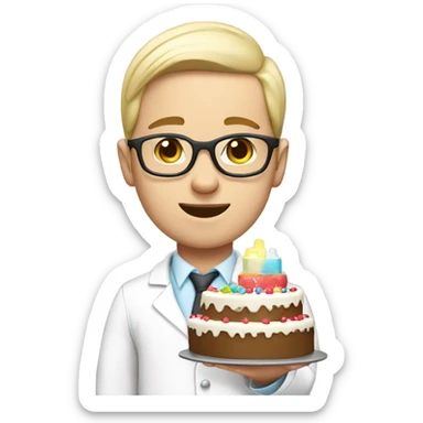 White face young pharmacist holding a cake sticker
