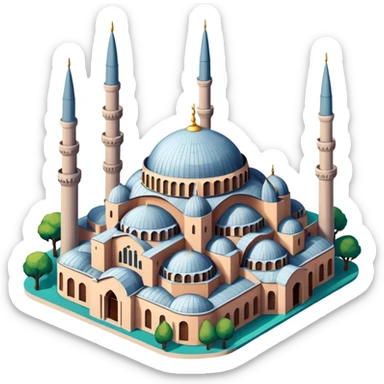 Isometric illustration of Istanbul, featuring Hagia Sophia with its large central dome and four tall minarets, paint photorealistic style sticker