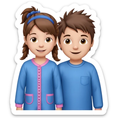 A toddler girl with brown hair with two pig tails, wearing pink pajamas and a bigger 4 year old boy with spikey brown hair, wearing blue pajamas. Both light skin and smiling.  sticker