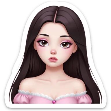 girl with white skin, dark brown long straight hair with middle part falling in front of her body, very big pouty extra shiny lips with absolutely no cupid's bow, big round shiny eyes with black eyeballs and huge eyelashes, no eyeshadow, pink blush on cheeks, lighter button nose, very long oval-shaped face, wearing a pink off-shoulder top, looking directly at camera with hands down at sides sticker