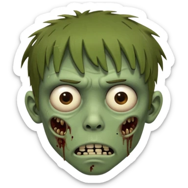 zombie slim youthful face, messy brown fringe, muted green skin tone, tired heavy-lidded eyes with visible under-eye darkness, a neutral slightly bored expression, and an overall low-energy, sleep-deprived, mentally fried vibe, sticker