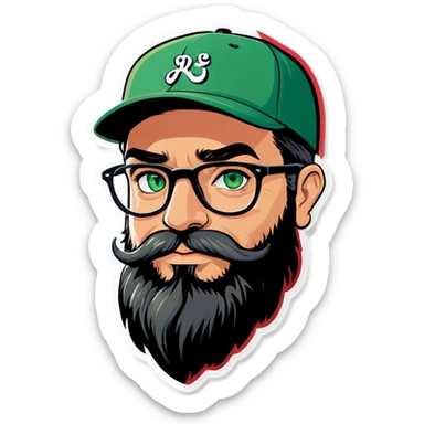 A bold man with a grey baseball cap, green eyes, big beard and glasses in love! sticker