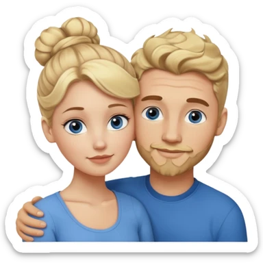 young couple hugging. white girl with blonde hair in a bun, and blue eyes. white man with wavy dark brown slightly curly hair, a goatee, brown eyes, and he has prominent cheek bonesand eyes.  sticker