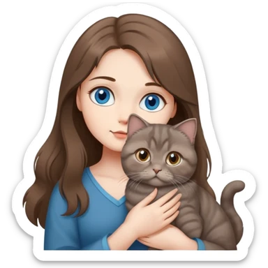 Girl with blue eyes and long brown hair holding a medium fluffy grey Scottish fold cat with folded ears sticker