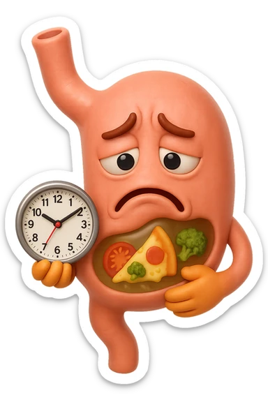 EMOJI STILE IPHONE 3D DI UNo stomaco umano con espressione dolornate, ha del cibo visibile dentro che non sta digerendo. in mano tiene un orologio da muro, iperrealistico 4k sticker