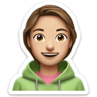 Girl with brown hair, crooked teeth and a pink hoodie with a matcha sticker