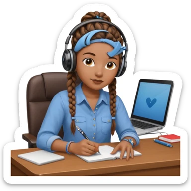realistic brown skinned female with braids sitting at a desk with headphones on sticker
