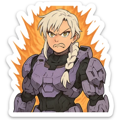 making an angry scowl, frown closed mouth, rage face, rage aura,  female, wearing reach spartan armor shoulder-unequip, long white braid hair with massive messy front side single bangs, gold yellow eyes, attention pose, D-cup size, HALO:series, no helmet, the armor is lavender color scheme, sticker