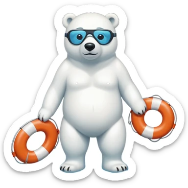 full body friendly anthropomorphised polar bear wearing swim shorts and swim goggles, standing in a puddle, holding a life buoy sticker