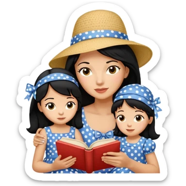 A black hair mother in a ribboned hat wearing polka dot dress reading a storybook to her child. sticker