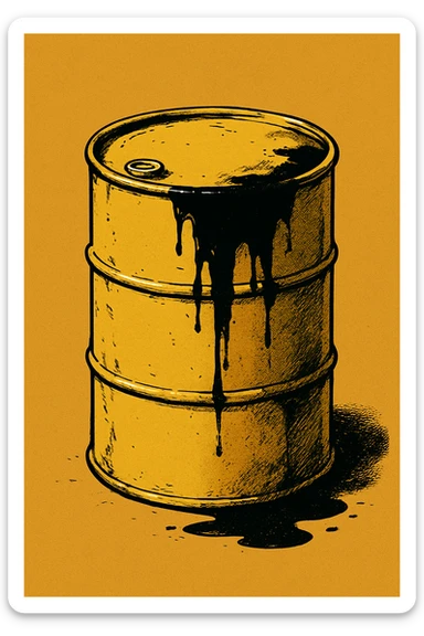 Сгенерируй мне темно желтую бочку чуть чуть прям испачканную нефтью в стиле японского комикса на однородном фоне. Она должна .смотреться ебать как стильно. Без рисунка капли.  sticker