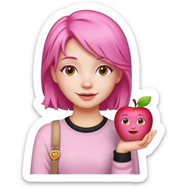 cute pink haired girl with cheerful pose and cute accessories. apple emoji style sticker
