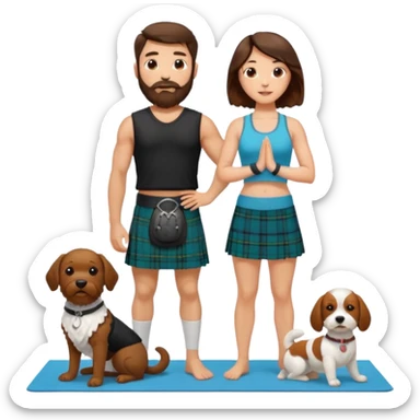 emoji of brunette man with beard wearing kilt, brunette woman in yoga outfit and white cockapoo dog sticker