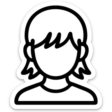 A boy with bangs covering his eyes, long hair sticking out at the back, and long side locks. He has brown eyes and dark brown hair, and is wearing a maroon t-shirt. sticker