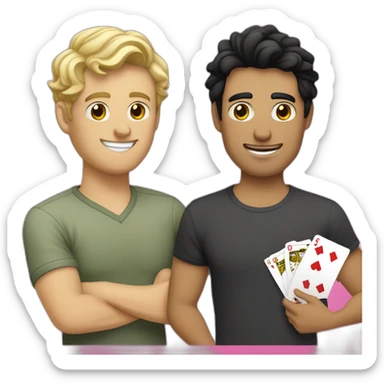 Gay couple, 1 guy Latino black straight black hair and 1 Australian white guy with blonde slightly curly hair playing cards sticker