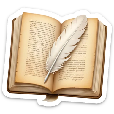 Create a poetic and elegant emoji representing poetry. The design should feature several vintage, gracefully flying pages with short, poetic columns written on them. A white feather quill should be depicted writing on one of the pages, with ink flowing smoothly. The pages should have a soft, antique look, with subtle details to convey the delicate nature of poetry. Use soft, light colors with a romantic, airy feel. Make the background transparent. sticker