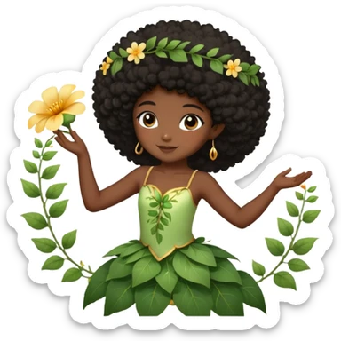 Dreamy nature fairy with brown eyes Afro black hair dark skin touching a flower vine dancing sticker