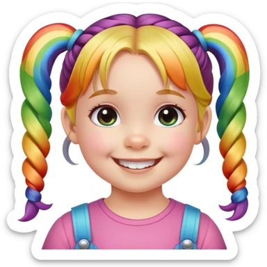 Toddler girl with smiling, with two pigtails and a hairpin with a rainbow on it  sticker