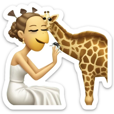 A giraffe kneeling down on one knee, proposing with a wedding ring to his girlfriend who is a fly sticker