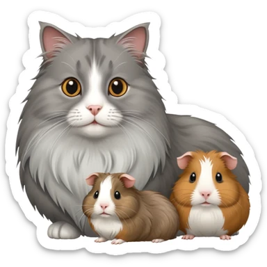 grey long haired cat with two guinea pigs sticker