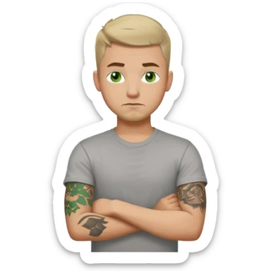 White young man with short dark taper fade hair cut and slight goatee and neutral expression with his arms folded. Green eyes and arm tattoos sticker