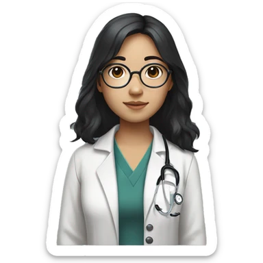Asian girl, with white skin tone, black hair, wearing silver round harry potter glasses and a white scrub and a stethoscope  sticker
