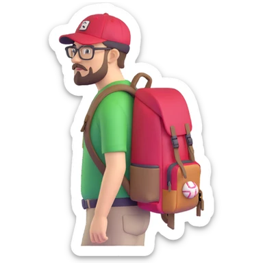 adventurer with goatee beard (no beard on cheeks), short hair, glasses, backwards baseball cap and backpack sticker