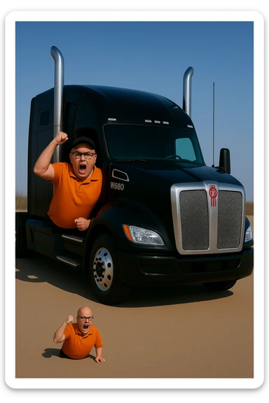 Make the angry bald man in the orange shirt, glasses, and baseball cap smaller in proportion to the 2026 Kenworth W680 black sleeper semi truck. Keep him mostly inside the cab and hanging out of the driver's side window. Maintain a bright and vivid scene with clear details and vibrant colors. sticker
