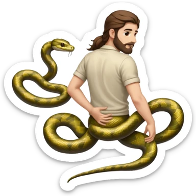 full body man long brown hair brown eyes medium beard white skin seen from behind, snake wrapped around arm and back sticker