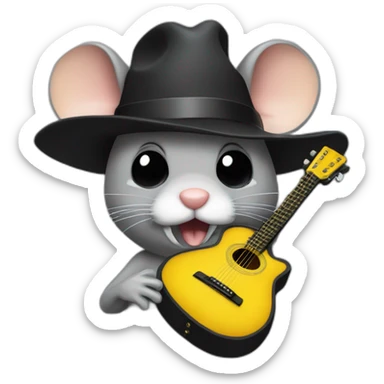 old grey jerry mouse potrait with white moustache, big black hat, and yellow guitar sticker