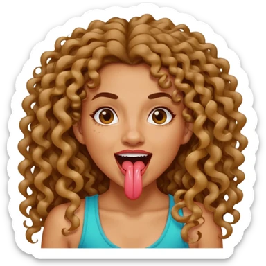 a mixed girl with long curly hair sticking her tongue out with spit sticker