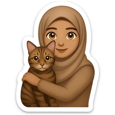 Transform the character into a modern woman wearing a plain pashmina hijab, still holding a tabby cat. Use an emoji-style animation with a friendly expression and soft colors. Keep the background transparent as in the reference image. sticker