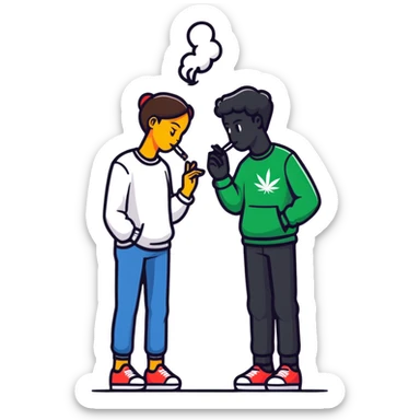 Cartoon couple sneaking into wedding ceremony, both smoking marijuana, full body, tiptoeing with hunched posture sticker