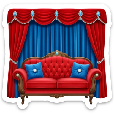 Vintage velvet red red sofa with rhinestone buttons and blue curtains in the background sofa with rhinestones buttons sticker