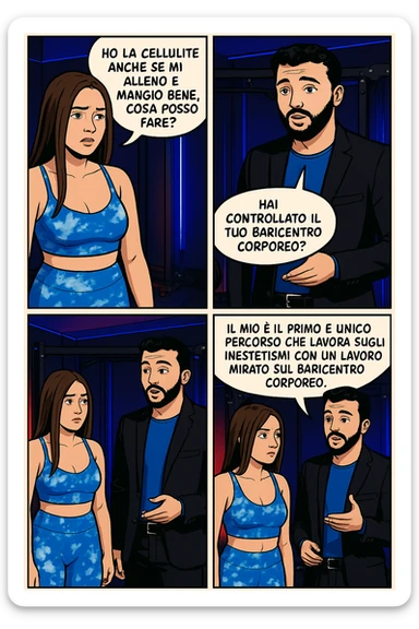 TRASFORMA QUESTO CAROSELLO IN UN FUMETTO CON QUESTE DUE PERSONE IDENTICHE CHE INTERLOQUISCONO TRA LORO:

LEI: Ho la cellulite anche se mi alleno e mangio bene, cosa posso fare?

LUI: Hai controllato il tuo baricentro corporeo?
Sapevi che se il peso del tuo corpo cade in avanti o da un lato, c’è un disallineamento fra bacino e torace, che comprimendo le coste, limita la motilità del diaframma e l’ossigenazione dei tessuti?
Il mio è il primo e unico percorso che lavora sugli inestetismi con un lavoro mirato sul baricentro corporeo. sticker