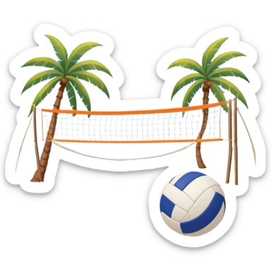 A volleyball resting on the orange sand of a beach, with a volleyball net in the background. The scene captures a sunny beach atmosphere with clear blue sea and sky, palm trees swaying, and people in swimsuits enjoying the vibrant surroundings sticker