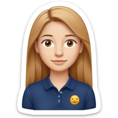 emoji-style cartoon avatar of a young woman with long straight light brown hair parted in the middle, fair skin, gentle smile, brown eyes, wearing a dark navy blue polo shirt, small hoop earrings, clean minimal style, neutral background, warm and confident expression sticker