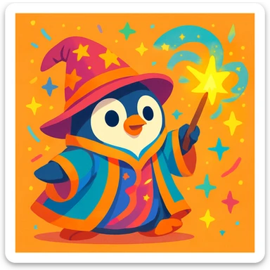a cute penguin wizard casting a spell, wearing a robe and holding a wand, in a colorful cartoon style, vibrant toon illustration sticker