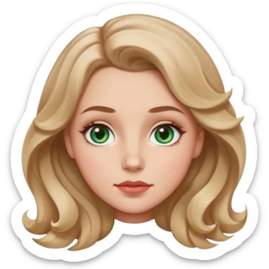 Generate an emoji of a white girl with a round face structure, light brown almost blonde loose curls, large forehead, brown arched brows, almond big green eyes with a lil blue in them, large rosy cheekbones and big rosy lips and a jawline sticker