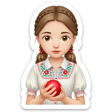 A young Ukrainian girl in a white embroidered shirt holds a ball of thread in her hand sticker