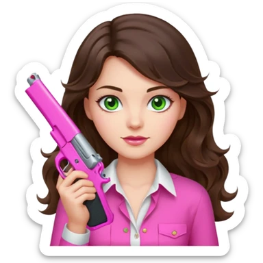 brunette girl with long wavy hair and green eyes and white and pink shirt holding a hot pink gun sticker