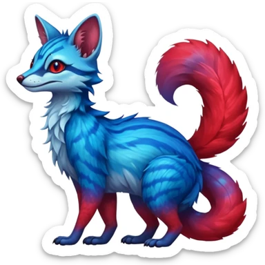 Feral Rare Fantasy  vibrant cyan-cobalt-blue-to-crimson-red gradient-colored iridescent glossy fur Vernid-Sergal-Genet-Trico-species by LiLaiRa, random markings, tufted tail, tufted ears, full body sticker