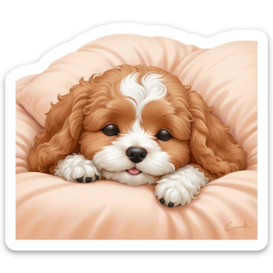 Cinematic Meme-Worthy cute Sleeping Cavoodle Portrait Emoji, Head resting peacefully with a contented smile, showcasing a delightfully cute build and a luxuriously soft, curly apricot coat with gentle white accents, eyes shut in a serene nap, Simplified yet hilariously adorable features, highly detailed, glowing with a soft, drowsy light, high shine, relaxed and utterly lovable, stylized with an air of playful laziness, bright and heartwarming, soft glowing outline, capturing the essence of a comically sleepy Cavoodle, so meme-worthy it feels like it could instantly become the next viral sensation of adorable slumber! sticker