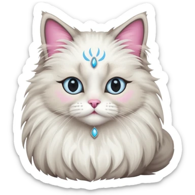 Neva masquerade cat, very fluffy, gray and white, with pale blue eyes and pink nose sticker