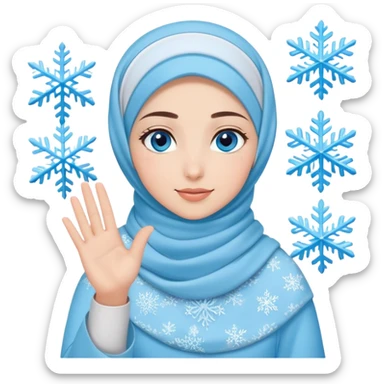 Turkish beautiful finish Konya girl blue eyes with light blue winter design hijab islamic dress and had on her hand snowflakes and she wave one's hand sticker